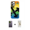 MARSİLYAN™- iPhone 12 Pro Max Kılıf Siluet Çizgi Koleksiyonu - Siyah Mat Seramik Nano Ekran Koruyucu + Neon Fosforlu Kamera Lens - YL