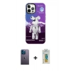 MARSİLYAN™- iPhone 12 Pro Max Kılıf Siluet Çizgi Koleksiyonu - Siyah Polymer Nano Ekran Koruyucu + Mavi Neon Fosforlu Kamera Lens