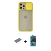 MARSİLYAN™- iPhone 12 Pro Max Kılıf Vadi Çizgi - Siyah 18D Cam Ekran Koruyucu + Sarı Renkli Kamera Lens Koruma Cam