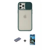 MARSİLYAN™- iPhone 12 Pro Max Kılıf Vadi Çizgi - Siyah 34D Izgaralı Cam + Mavi Renkli Kamera Lens Koruma Cam