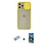 MARSİLYAN™- iPhone 12 Pro Max Kılıf Vadi Çizgi - Siyah 34D Izgaralı Cam + Mavi Shine Kamera Lens Koruma Cam