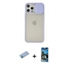 MARSİLYAN™- iPhone 12 Pro Max Kılıf Vadi Çizgi - Siyah 34D Izgaralı Cam + Mavi Shine Kamera Lens Koruma Cam