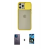 MARSİLYAN™- iPhone 12 Pro Max Kılıf Vadi Çizgi - Siyah 34D Izgaralı Cam + Neon Fosforlu Kamera Lens - MI