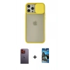 MARSİLYAN™- iPhone 12 Pro Max Kılıf Vadi Çizgi - Siyah 34D Izgaralı Cam + Neon Fosforlu Kamera Lens - TU