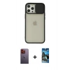 MARSİLYAN™- iPhone 12 Pro Max Kılıf Vadi Çizgi - Siyah 34D Izgaralı Cam + Neon Fosforlu Kamera Lens - TU