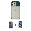 MARSİLYAN™- iPhone 12 Pro Max Kılıf Vadi Çizgi - Siyah 34D Izgaralı Cam + Neon Fosforlu Kamera Lens - TU