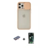 MARSİLYAN™- iPhone 12 Pro Max Kılıf Vadi Çizgi - Siyah 360 Mat Full Body Arka Koruyucu + Turuncu Renkli Kamera Lens Koruma Cam
