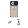 MARSİLYAN™- iPhone 12 Pro Max Kılıf Vadi Çizgi - Siyah 5D Eko Cam Ekran Koruyucu + Sierra Blue Shine Kamera Lens Koruma Cam
