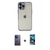 MARSİLYAN™- iPhone 12 Pro Max Kılıf Vadi Minimal - Siyah 34D Izgaralı Cam + Mavi Neon Fosforlu Kamera Lens