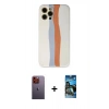 MARSİLYAN™- iPhone 12 Pro Max Kılıf Yadigar Çizgi - Siyah 34D Izgaralı Cam + Neon Fosforlu Kamera Lens - TU