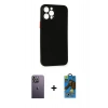MARSİLYAN™- iPhone 12 Pro Max Kılıf Yadigar Yansıma Serisi - Siyah 18D Cam Ekran Koruyucu + Neon Fosforlu Kamera Lens - BZ