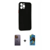 MARSİLYAN™- iPhone 12 Pro Max Kılıf Yadigar Yansıma Serisi - Siyah 18D Cam Ekran Koruyucu + Sarı Neon Fosforlu Kamera Lens