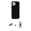 MARSİLYAN™- iPhone 12 Pro Max Kılıf Yadigar Yansıma Serisi - Siyah Bilvis Hayalet Cam Ekran Koruyucu + Pembe Renkli Kamera Lens Koruma Cam