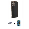 MARSİLYAN™- iPhone 12 Pro Max Kılıf Yankı Serisi - Siyah 18D Cam Ekran Koruyucu + Pembe Renkli Kamera Lens Koruma Cam