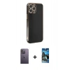 MARSİLYAN™- iPhone 12 Pro Max Kılıf Yankı Serisi - Siyah 34D Izgaralı Cam + Neon Fosforlu Kamera Lens - BZ