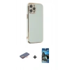 MARSİLYAN™- iPhone 12 Pro Max Kılıf Yankı Serisi - Siyah 34D Izgaralı Cam + Renkli Kamera Lens Koruma Cam - TU