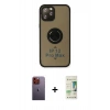 MARSİLYAN™- iPhone 12 Pro Max Kılıf Yörünge Çizgi - Siyah 20D Premium Cam Ekran Koruyucu + Turuncu Neon Fosforlu Kamera Lens