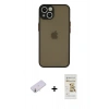 MARSİLYAN™- iPhone 13 Mini Kılıf Ahenk Çizgi Serisi - Siyah Mat Seramik Nano Ekran Koruyucu + Sarı Renkli Kamera Lens Koruma Cam