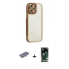 MARSİLYAN™- iPhone 13 Pro Kılıf Çekirdek Klasik Serisi - Şeffaf 360 Full Body Arka Koruyucu + Turuncu Renkli Kamera Lens Koruma Cam