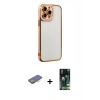 MARSİLYAN™- iPhone 13 Pro Kılıf Çekirdek Klasik Serisi - Şeffaf 360 Full Body Arka Koruyucu + Turuncu Renkli Kamera Lens Koruma Cam