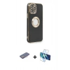 MARSİLYAN™- iPhone 13 Pro Kılıf İz Form Serisi - Siyah 3D Antistatik Seramik Nano Ekran Koruyucu + Pembe Renkli Kamera Lens Koruma Cam
