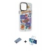 MARSİLYAN™- iPhone 13 Pro Kılıf Siluet Çizgi Koleksiyonu - Siyah 3D Antistatik Seramik Nano Ekran Koruyucu + Pembe Shine Kamera Lens Koruma Cam