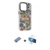MARSİLYAN™- iPhone 13 Pro Kılıf Siluet Çizgi Koleksiyonu - Siyah 3D Antistatik Seramik Nano Ekran Koruyucu + Pembe Shine Kamera Lens Koruma Cam