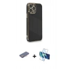 MARSİLYAN™- iPhone 13 Pro Kılıf Yankı Serisi - Siyah 3D Antistatik Seramik Nano Ekran Koruyucu + Renkli Kamera Lens Koruma Cam - PE