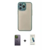 MARSİLYAN™- iPhone 13 Pro Max Kılıf Ahenk Çizgi Serisi - Şeffaf Pasifik Cam Ekran Koruyucu + Yeşil Neon Fosforlu Kamera Lens