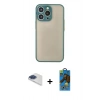 MARSİLYAN™- iPhone 13 Pro Max Kılıf Ahenk Çizgi Serisi - Siyah 18D Cam Ekran Koruyucu + Lacivert Pers Alüminyum Kamera Lens