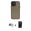 MARSİLYAN™- iPhone 13 Pro Max Kılıf Ahenk Çizgi Serisi - Siyah 3D Antistatik Hayalet Cam Ekran Koruyucu + Rainbow Kamera Lens Koruma Cam - KI