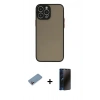 MARSİLYAN™- iPhone 13 Pro Max Kılıf Ahenk Çizgi Serisi - Siyah 3D Antistatik Hayalet Cam Ekran Koruyucu + Shine Kamera Lens Koruma Cam - PE