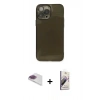 MARSİLYAN™- iPhone 13 Pro Max Kılıf Ahenk Doku - Siyah Bilvis 3D Mat Cam Ekran Koruyucu + Pers Alüminyum Kamera Lens - GI