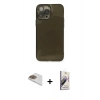 MARSİLYAN™- iPhone 13 Pro Max Kılıf Ahenk Doku - Siyah Bilvis 3D Mat Cam Ekran Koruyucu + Gold Pers Alüminyum Kamera Lens