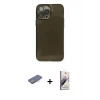 MARSİLYAN™- iPhone 13 Pro Max Kılıf Ahenk Doku - Siyah Bilvis 3D Mat Cam Ekran Koruyucu + Renkli Kamera Lens Koruma Cam - PE