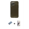 MARSİLYAN™- iPhone 13 Pro Max Kılıf Ahenk Doku - Siyah Bilvis 3D Mat Cam Ekran Koruyucu + Shine Kamera Lens Koruma Cam - PE