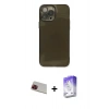 MARSİLYAN™- iPhone 13 Pro Max Kılıf Ahenk Doku - Siyah Bilvis 5in1 3D Magic Cam Ekran Koruyucu + Rainbow Kamera Lens Koruma Cam - KI