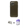 MARSİLYAN™- iPhone 13 Pro Max Kılıf Ahenk Doku - Siyah Bilvis 5in1 3D Magic Cam Ekran Koruyucu + Rainbow Kamera Lens Koruma Cam - REGD