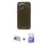 MARSİLYAN™- iPhone 13 Pro Max Kılıf Ahenk Doku - Siyah Bilvis 5in1 5D Magic Hayalet Cam Ekran Koruyucu + Rainbow Kamera Lens Koruma Cam - MI