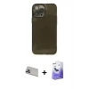 MARSİLYAN™- iPhone 13 Pro Max Kılıf Ahenk Doku - Siyah Bilvis 5in1 5D Magic Hayalet Cam Ekran Koruyucu + Rainbow Kamera Lens Koruma Cam - MR