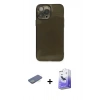 MARSİLYAN™- iPhone 13 Pro Max Kılıf Ahenk Doku - Siyah Bilvis 5in1 5D Magic Hayalet Cam Ekran Koruyucu + Renkli Kamera Lens Koruma Cam - YL