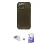 MARSİLYAN™- iPhone 13 Pro Max Kılıf Ahenk Doku - Siyah Bilvis 5in1 5D Magic Hayalet Cam Ekran Koruyucu + Pers Alüminyum Kamera Lens - SABE