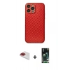 MARSİLYAN™- iPhone 13 Pro Max Kılıf Ahenk Işık - Şeffaf 360 Full Body Arka Koruyucu + Kırmızı Pers Alüminyum Kamera Lens