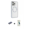 MARSİLYAN™- iPhone 13 Pro Max Kılıf Ahenk Işık Serisi - Şeffaf Pasifik Cam Ekran Koruyucu + Mavi Renkli Kamera Lens Koruma Cam
