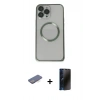 MARSİLYAN™- iPhone 13 Pro Max Kılıf Ahenk Işık Serisi - Siyah 3D Antistatik Hayalet Cam Ekran Koruyucu + Renkli Kamera Lens Koruma Cam - MI
