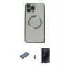 MARSİLYAN™- iPhone 13 Pro Max Kılıf Ahenk Işık Serisi - Siyah 3D Antistatik Hayalet Cam Ekran Koruyucu + Renkli Kamera Lens Koruma Cam - PE