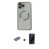 MARSİLYAN™- iPhone 13 Pro Max Kılıf Ahenk Işık Serisi - Siyah 3D Antistatik Hayalet Cam Ekran Koruyucu + Renkli Kamera Lens Koruma Cam - TU