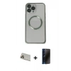 MARSİLYAN™- iPhone 13 Pro Max Kılıf Ahenk Işık Serisi - Siyah 3D Antistatik Hayalet Cam Ekran Koruyucu + Rainbow Kamera Lens Koruma Cam - REGD