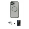 MARSİLYAN™- iPhone 13 Pro Max Kılıf Ahenk Işık Serisi - Siyah 3D Antistatik Hayalet Cam Ekran Koruyucu + Pers Alüminyum Kamera Lens - SABE