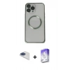 MARSİLYAN™- iPhone 13 Pro Max Kılıf Ahenk Işık Serisi - Siyah Bilvis 5in1 3D Magic Cam Ekran Koruyucu + Lacivert Pers Alüminyum Kamera Lens